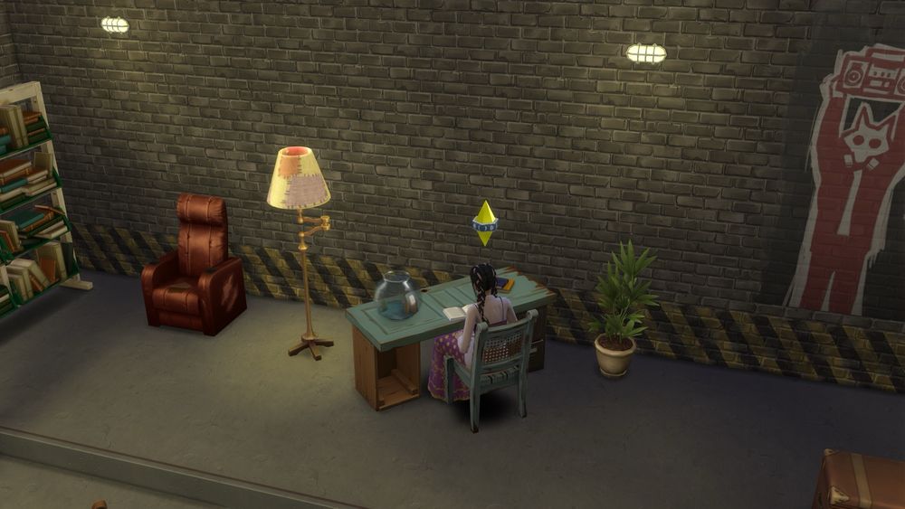 A teen Rromani Sim dressed in purple and pink with pink ribbons in her braids sits at a desk made out of a door in a brick basement, doing her homework. Messy and run-down bookshelves, lamps, and other decor are scattered about, and there is graffiti of a werewolf holding a stereo above his head on the wall. 