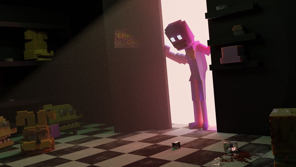 3d art of pixel art William Afton peering into a back room at Freddy's