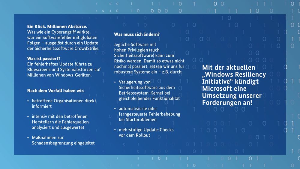 Ein Klick. Millionen Abstürze. Was wir ein Cyberangriff wirkte, war ein Softwarefehler mit globalen Folgen - ausgelöst durch ein Update der Sicherheitssoftware Crowdstrike. Was ist passiert? Ein fehlerhaftes Update führte zu Bluescreens und Systemabtürzen