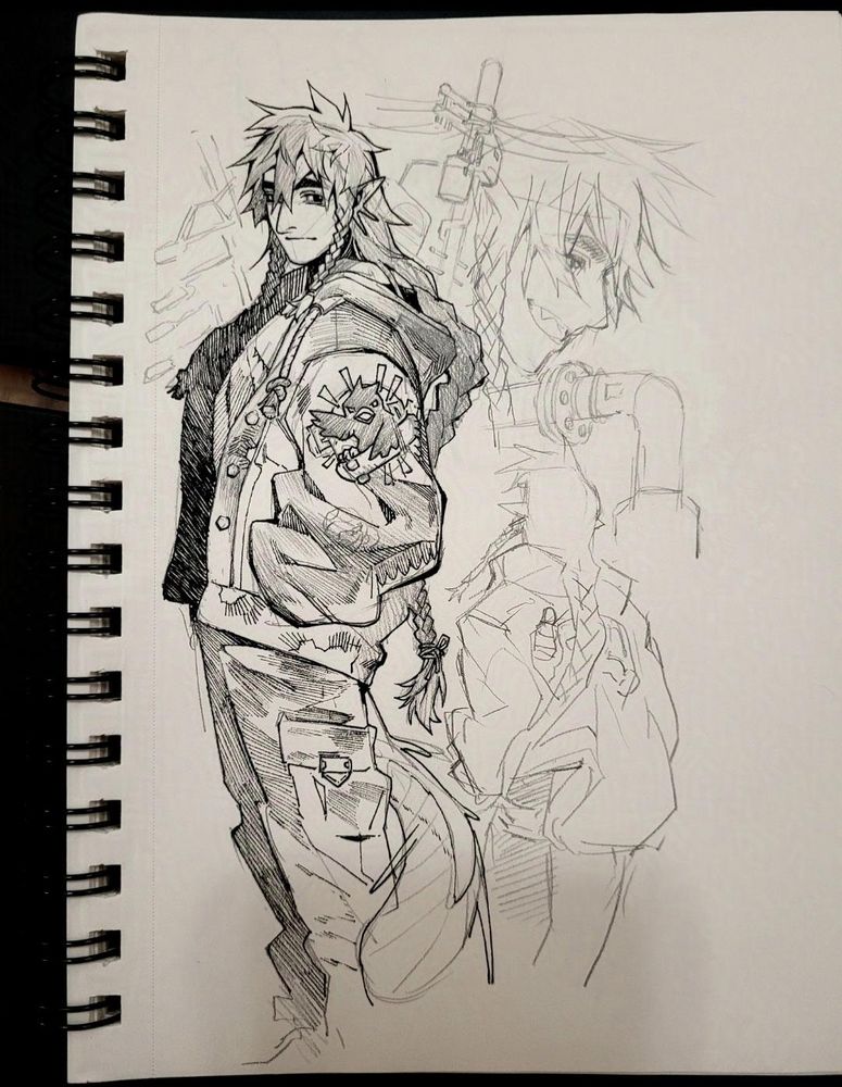 Photo of a sketchbook page. Pencil and ink illustration in anime style. Character has long loosely braided hair with oversized jacket, standing and looking at viewer over shoulder smiling comfortably. There's pencil sketches surrounding of telephone pole, grinning character, pipe, and backview of same character