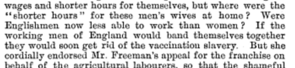 A cropped newspaper excerpt with serif typeface. The visible text reads: “…If the working men of England would band themselves together they would soon get rid of the vaccination slavery.”