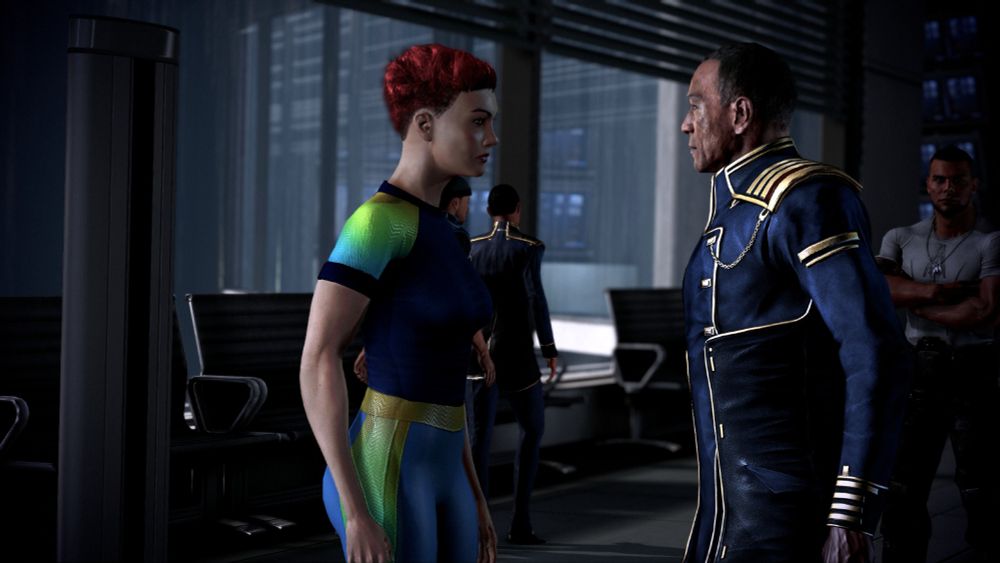 Screenshot of my FemShep in a relaxed t-shirt and tights talking with Admiral Anderson from Mass Effect 3