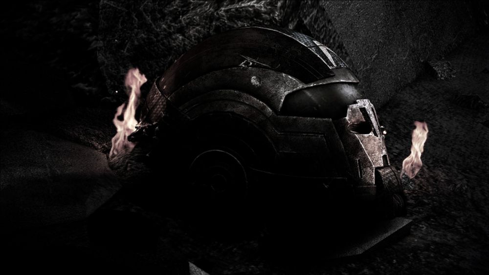 Screenshot of Shepard's helmet from the ending of Mass Effect 3
