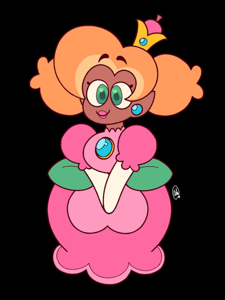 a colored, lined drawing on a transparent background, depicting the artist's now-outdated interpretation of Princess Peach/Princess Toadstool from the Super Mario franchise. She has a stout figure, and wears a round, pink princess dress, the skirt of which (in combination with the green, leaf-shaped peplum of the dress) resembles the shape of a tulip or rosebud. The sleeves of the dress are round and short, with stylized frills at their ends. She wears white, full arm-length gloves, a decorative brooch on her bodice with a blue gem, blue, round earrings, and a tall princess crown on her head (the inner, pink cushion of which has a short, brown stem to look like an ambiguous fruit). Her hair is light orange, and she wears it in two large, high, fluffy pigtails with flared-out tufts at their ends. Her eyes are green, and she wears pink lipstick. Her expression is friendly as she looks offscreen.
