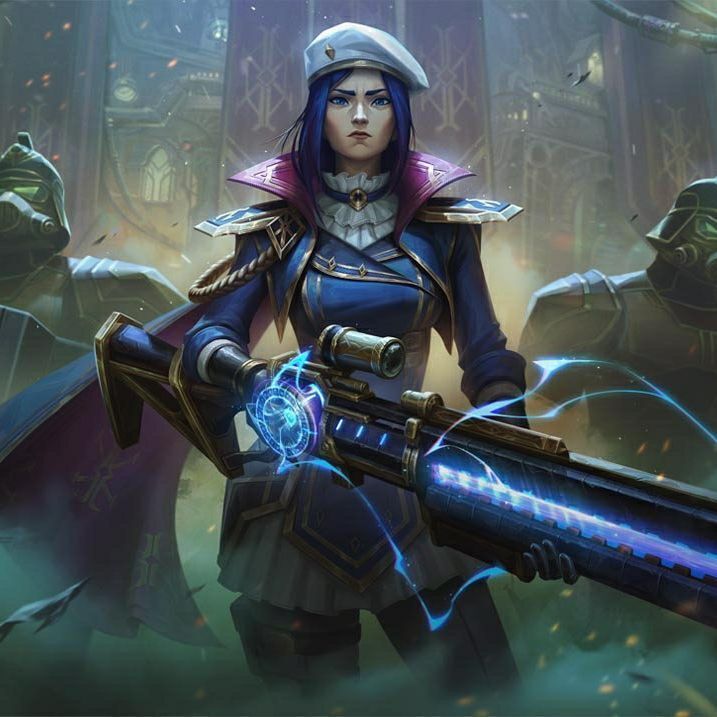 Splash art of Caitlyn Kiramman in League of Legends. She holds her rifle, determined. Two guards accompany her.