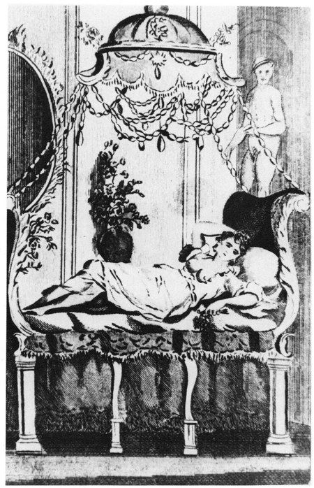 Black and white image showing a nubile woman, in deshabille, reclining on the Celestial Bed, a kind of couch with a canopy over it. Statue of Mercury in a niche behind her. 