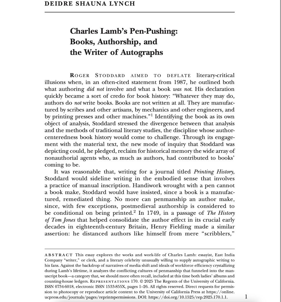 First page of an article appearing in Representations 170 titled "Charles Lamb's Pen-Pushing: Books, Authorship, and the Writer of Autographs."