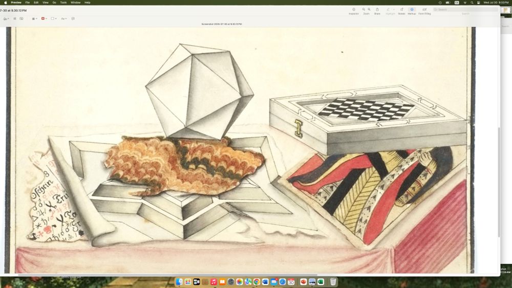 A still life showing paper in various forms: folded to make a kind of tetrahedron, a little scrap of an almanac page (notice the red ink), the marbled paper that I mentioned in the post, a map of military fortifications, a playing card. And a chess board? 