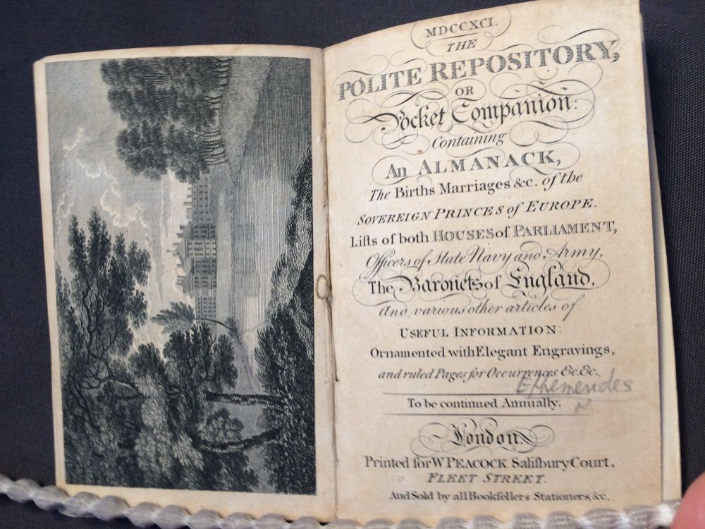Title page and frontispiece of The Polite Repository or Pocket Companion. The frontispiece is an engraving showing a stately home in the distance: these engravings, found throughout, were done by Humphrey Repton.