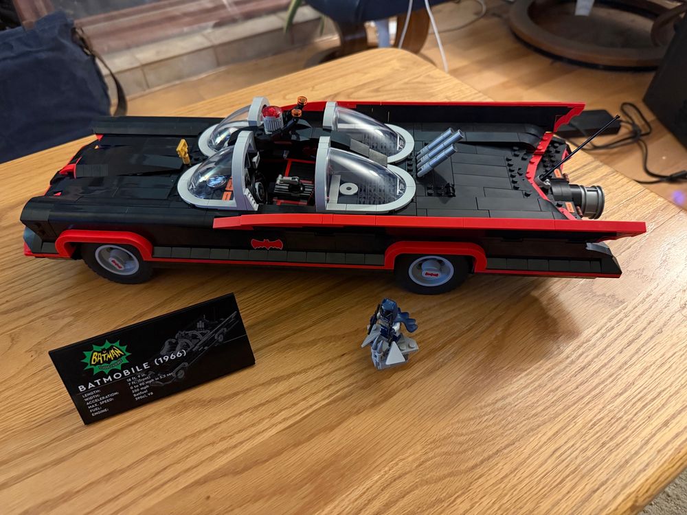 An image of a built Lego Batmobile model.