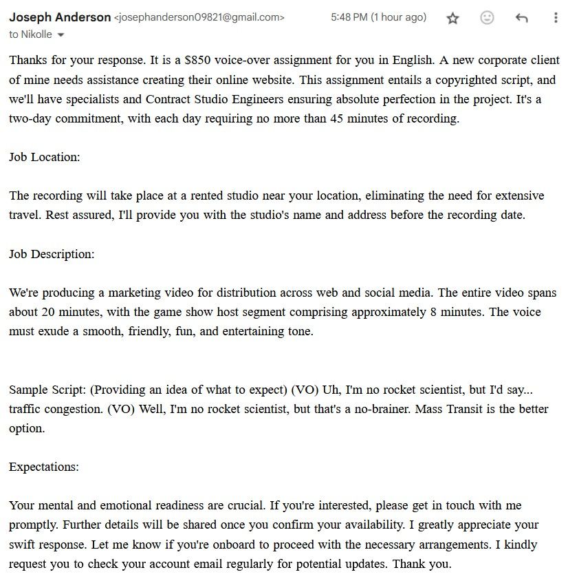 2nd scam email offering a fake voice-over role that set off a number of red flags.  It was the infamous "game show" voice-over scam.