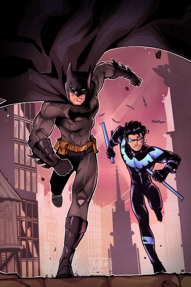 A redraw based on Jim Lee's Batman Hush cover art, with Batman and Nightwing running towards the viewer. This version is pinker than the original.