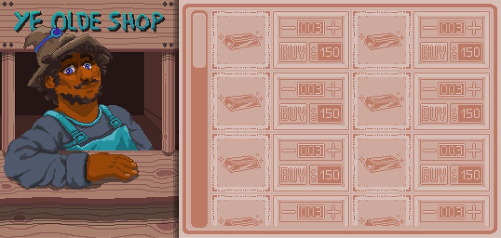 a jolly wizard shopkeep in his ye olde shop attempting to sell you his many placeholder wares