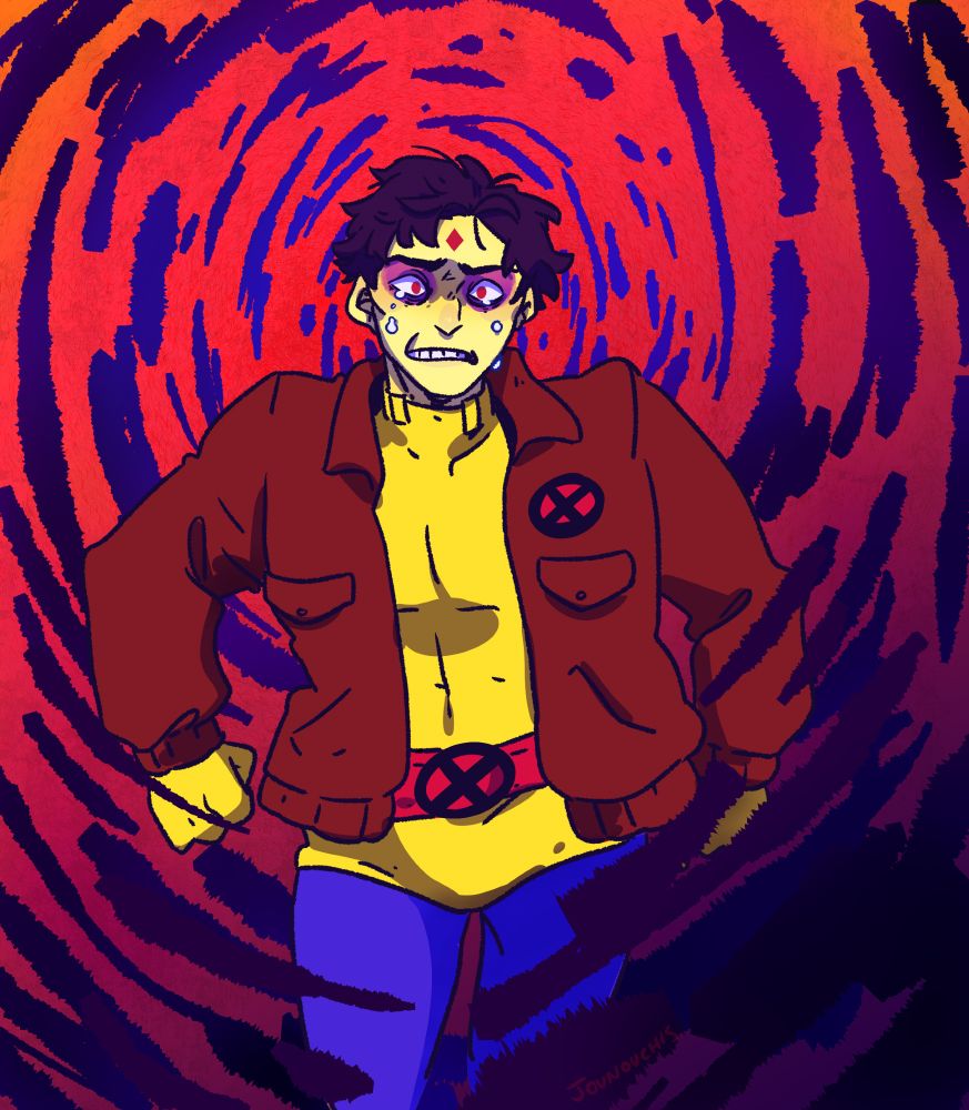 Morph from X-men The Animate Series having a bad time. Their appearance is as when they're under Mister Sinister's control. They have a red diamond on their head like Mister Sinister. Fists are clenched and tears coming from eyes. There's a swirling rough aura cuz Morph's in mind hell.