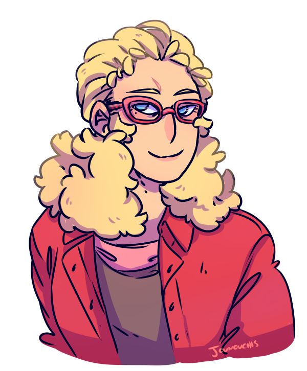 Bust drawing of Full Frontal from Mobile Suit Gundam Unicorn. He's wearing red glasses, an open red button down layered taupe and light pink shirts underneath