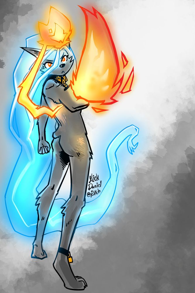 Luna (wolf girl with extremely long glowing blue hair and a orange flame floating by her forehead) stands naked with her energy sword pointed towards the camera.
