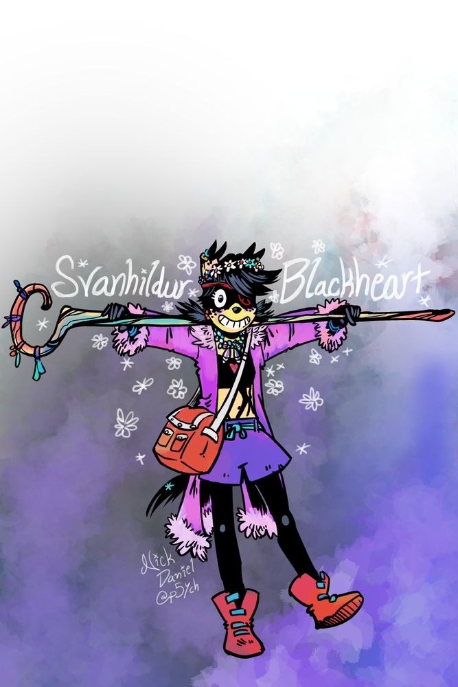 Svanhildur Blackheart, a furry witch girl. She's wearing a pink robe with shorts and a tank top. She's got an eye patch and is resting a gnarled wooden cane on her shoulders.