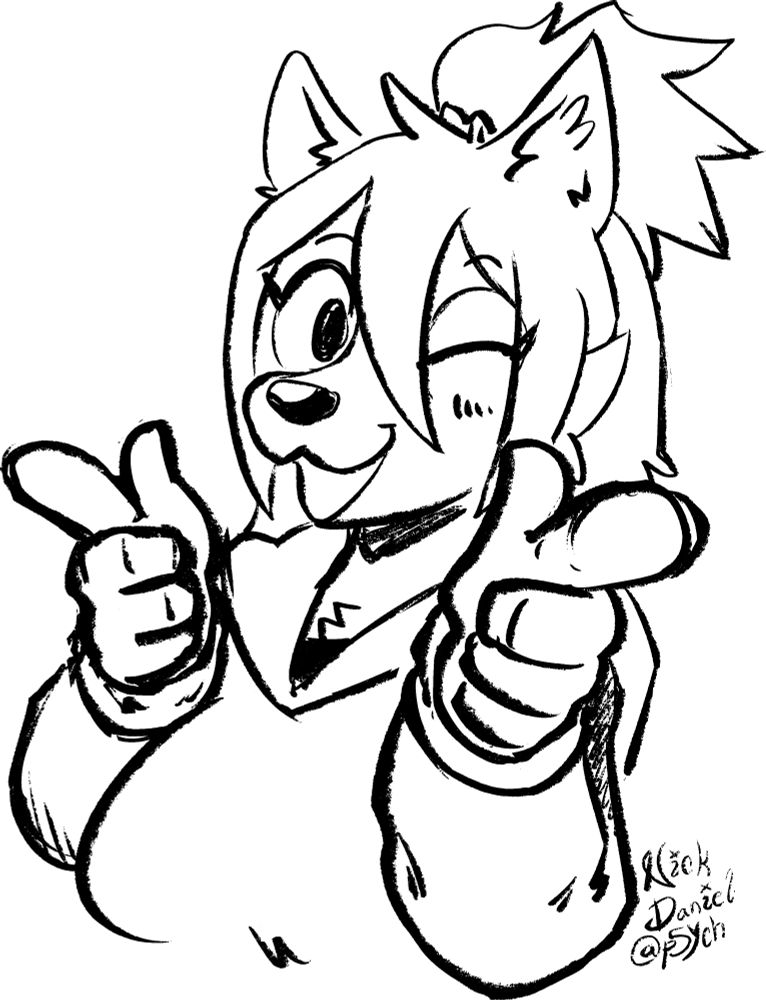 Line drawing of a dog girl shooting finger guns at the camera.