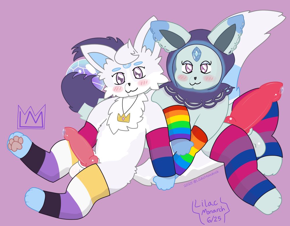 On the left, Blu the Infineon with his legs to the side, wearing nonbinary flag socks on his legs and bi flag socks on his arms. On the right, Soren the Claireon is wearing bi flag socks on his legs and rainbow socks on his arms. Blu and Soren are holding paws and leaning against each other, with their dicks out and their tails crossed behind them
