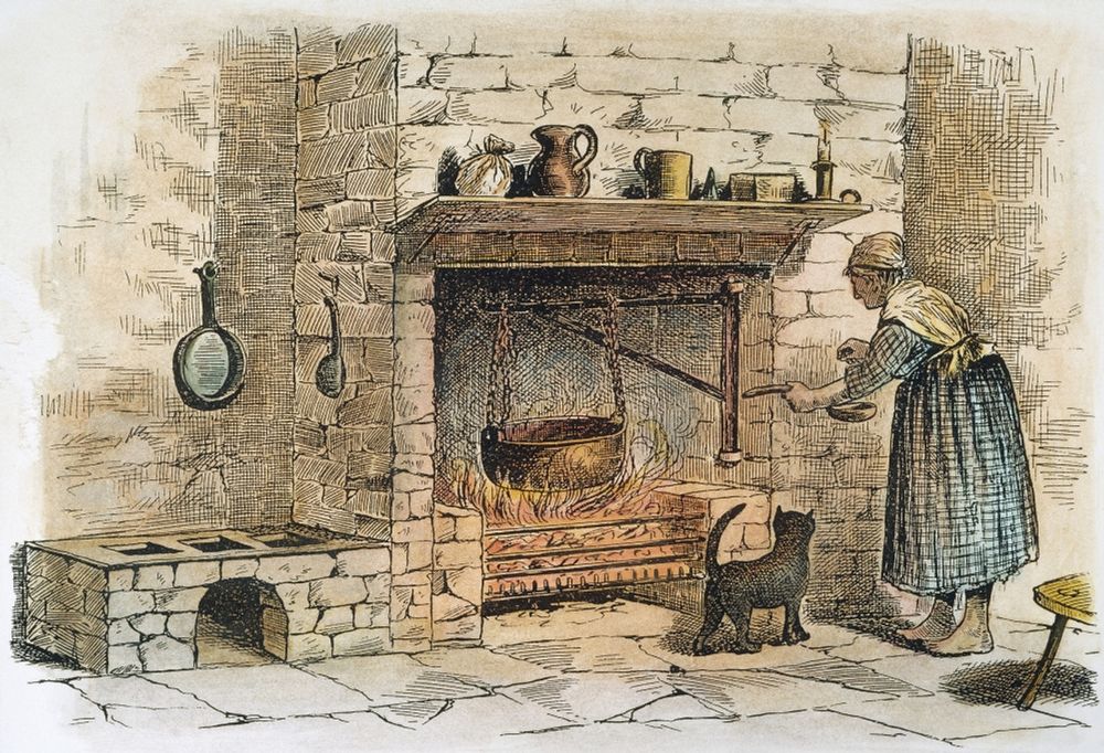 A woodcut of a woman boiling a large pot of water over a fire.