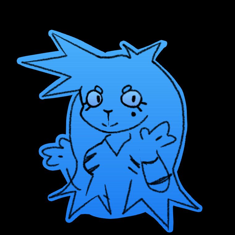 a cyan-colored hologram of a spikey-haired, long-eared female bunny. She has black details on her clothing and is raising her hands dismissively