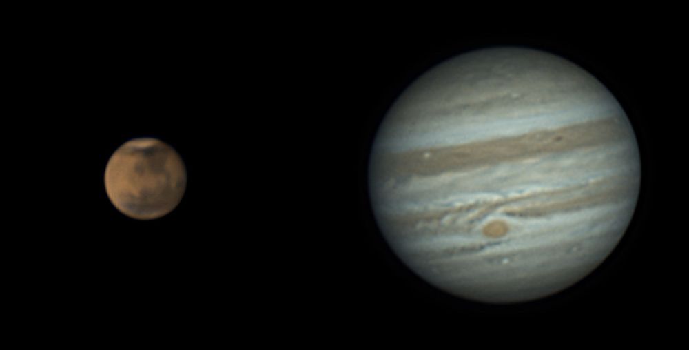 Mars and Jupiter, 1st January 2025. Photographed in Norfolk, UK, with a 250mm Newtonian Reflector.