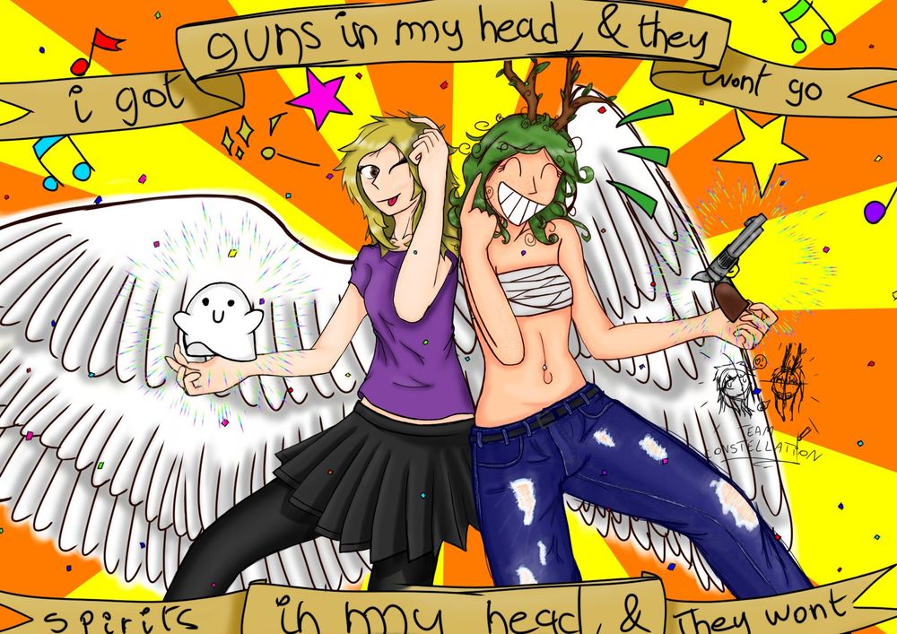 A girl and an angel fooling around, with a gun and a ghost. Top and bottom some lyrics from the song "Spirits" by Strumbellas. "I got guns in my head and they wont go. Spirits in my head and they wont"