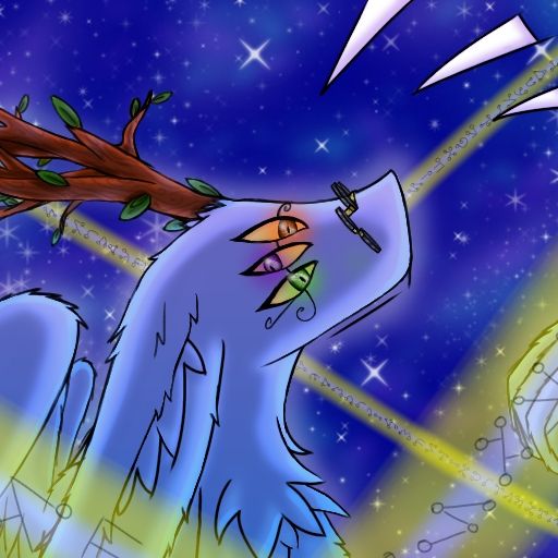 A #furry creature with rings of light annd glasses for their three pairs of eyes, startled, on a background of #stars