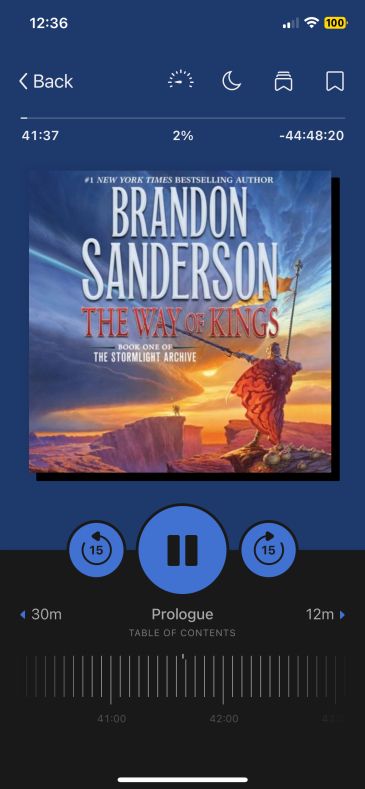 a snapshot of the "The Way of Kings" audiobook. the audiobook is 40 minutes into 45 hours