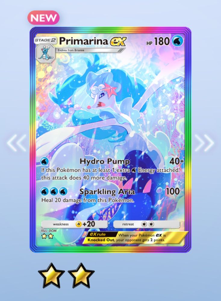 Screenshot of a rainbow 2-star Primarina ex card