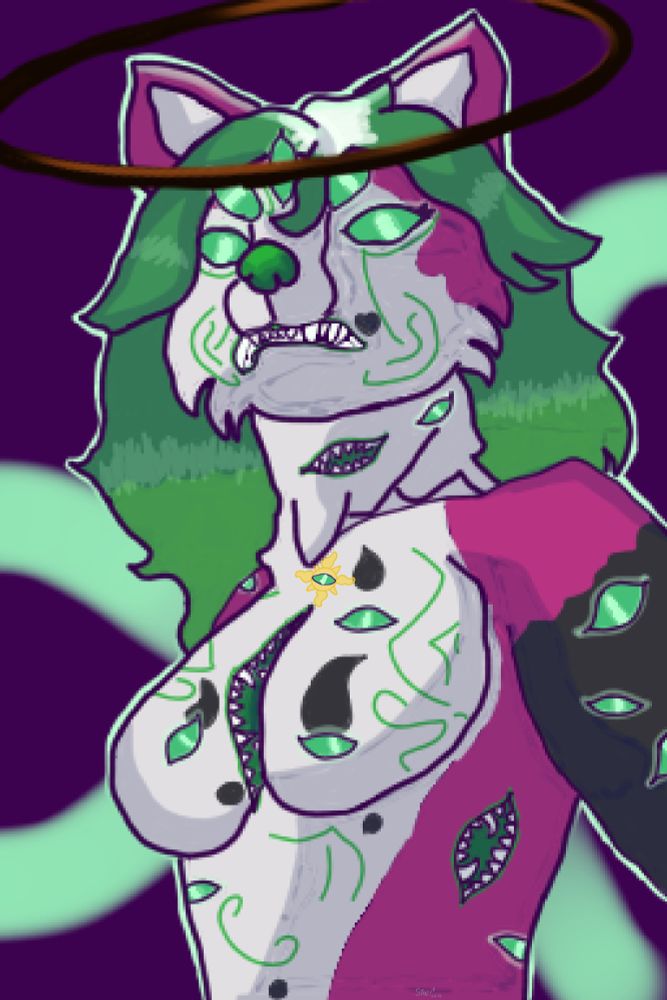 Cel-shaded art of an anthropomorphic Kitsune, named Juniper, covered in multiple eyes and mouths. It has glowing green tendrils snaking out of its back, a black and orange halo, and its mouth is twisted in a snarl.