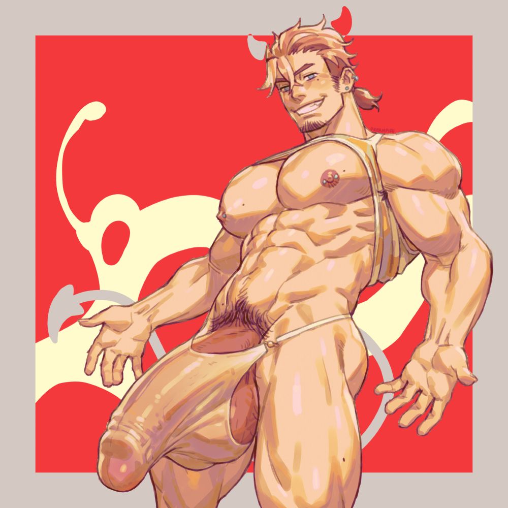 a pinup of my shapeshifting sandman OC Leph with a chiseled bigger and beefier build, standing in a way that looms over you, giving you a cocky grin and his arms open to present his large soft cock bulging in his thong