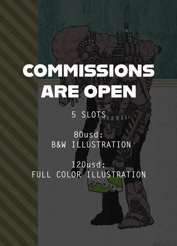 Commissions are open!

5 slots

80usd for a black and white illustration

120usd for a full color illustration 