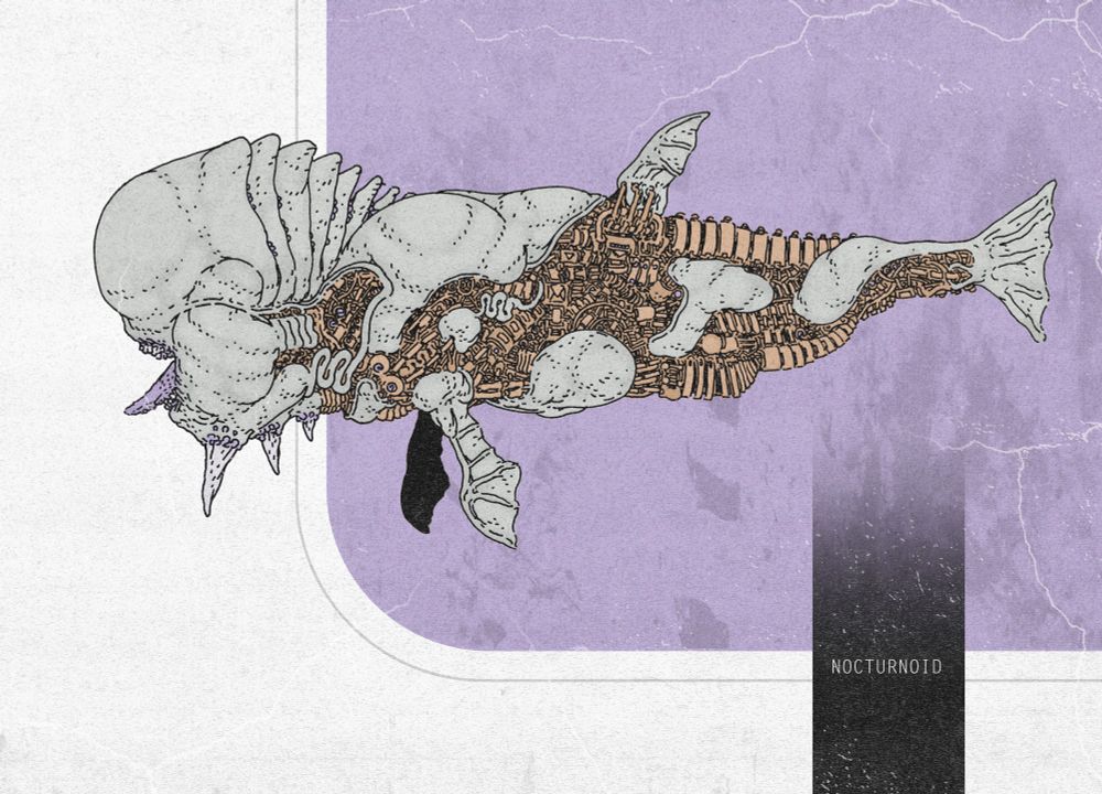 A large biomechanical fish with no eyes, an open mouth, a purple tongue and three horns protruding from its chin