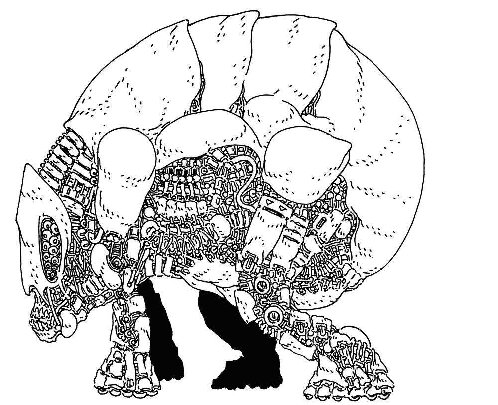 A quadrupedal biomedical bull that almost resembles a pillbug or beetle.