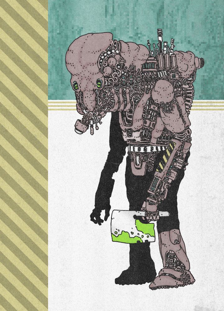 A large brownish-gray biomechanical being holding a cleaver that’s been bloodied with green blood. 