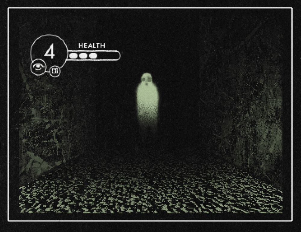 A pixelated image of a ghost at the end of a dark hallway