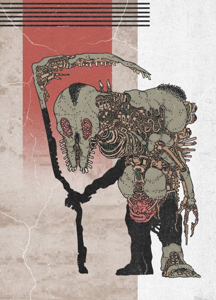 A bipedal biomechanical dude with a toothy face and a scythe that also has a lot of teeth on it