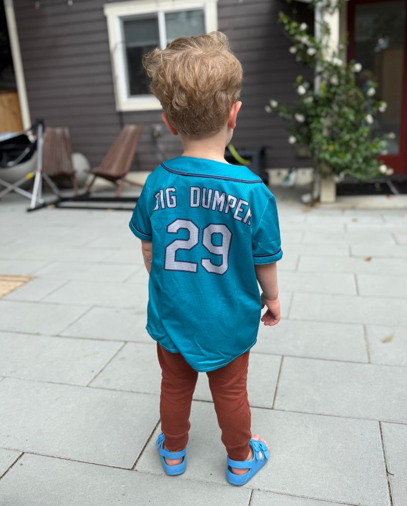 The back of a toddler wearing a Mariners jersey, with “Big Dumper” above the number 29