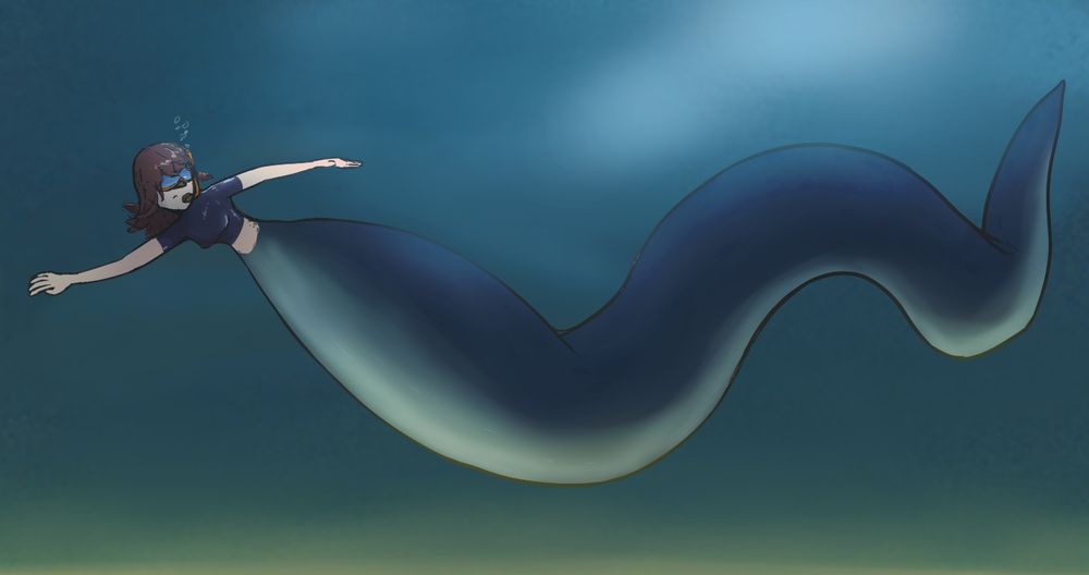 Female diver submerged underwater. She is dimly lit by daylight. Her lower body is replaced by comically long and thick smooth tail 