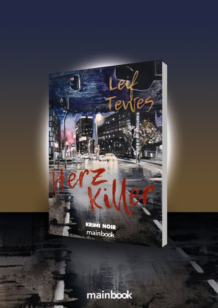 Cover des Krimi Noir "Herzkiller" - ein Motiv Frankfurt bei Nacht an der Bockenheimer Landstraße, Ecke Senckenberganalge mit Lichtern und Hochhäusern 