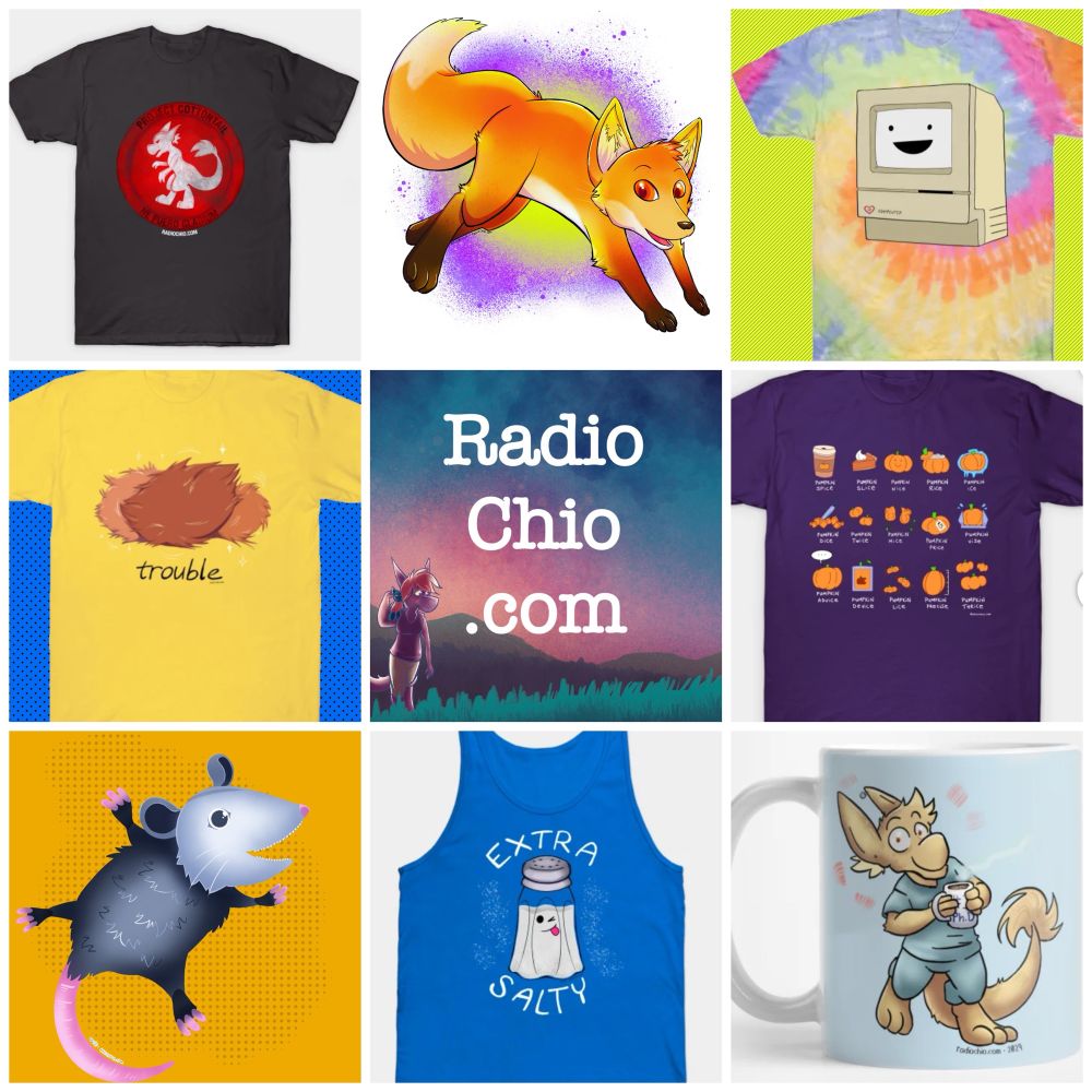 A 3 x 3 grid of products from the Radio Chio Teepublic shop, including various shirts, tanks, mugs, and other stuff. 
