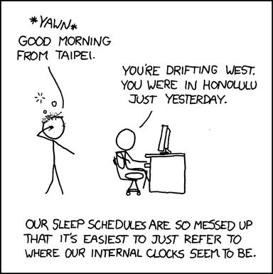 A comic by xkcd. One stick figure is sleepy and talking to another at a desk. They converse:

*YAWN*
GOOD MORNING FROM TAIPEI.

YOURE DRIFTING WEST.

YOU WERE IN HONOLULU JUST YESTERDAY.

OUR SLEEP SCHEDULES ARE SO MESSED UP THAT IT'S EASIEST TO JUST REFER TO WHERE OUR INTERNAL CLOCKS SEEM TO BE.