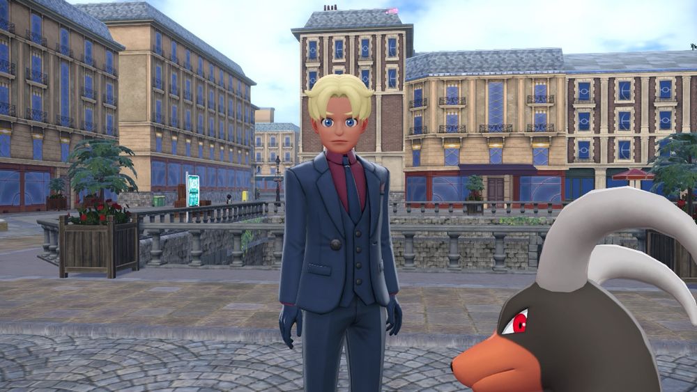 A screenshot from Pokémon Legends ZA with an NPC looking at the camera who resembles Gordon Ramsay. His Houndoom is in the foreground, looking skeptically at the camera. 