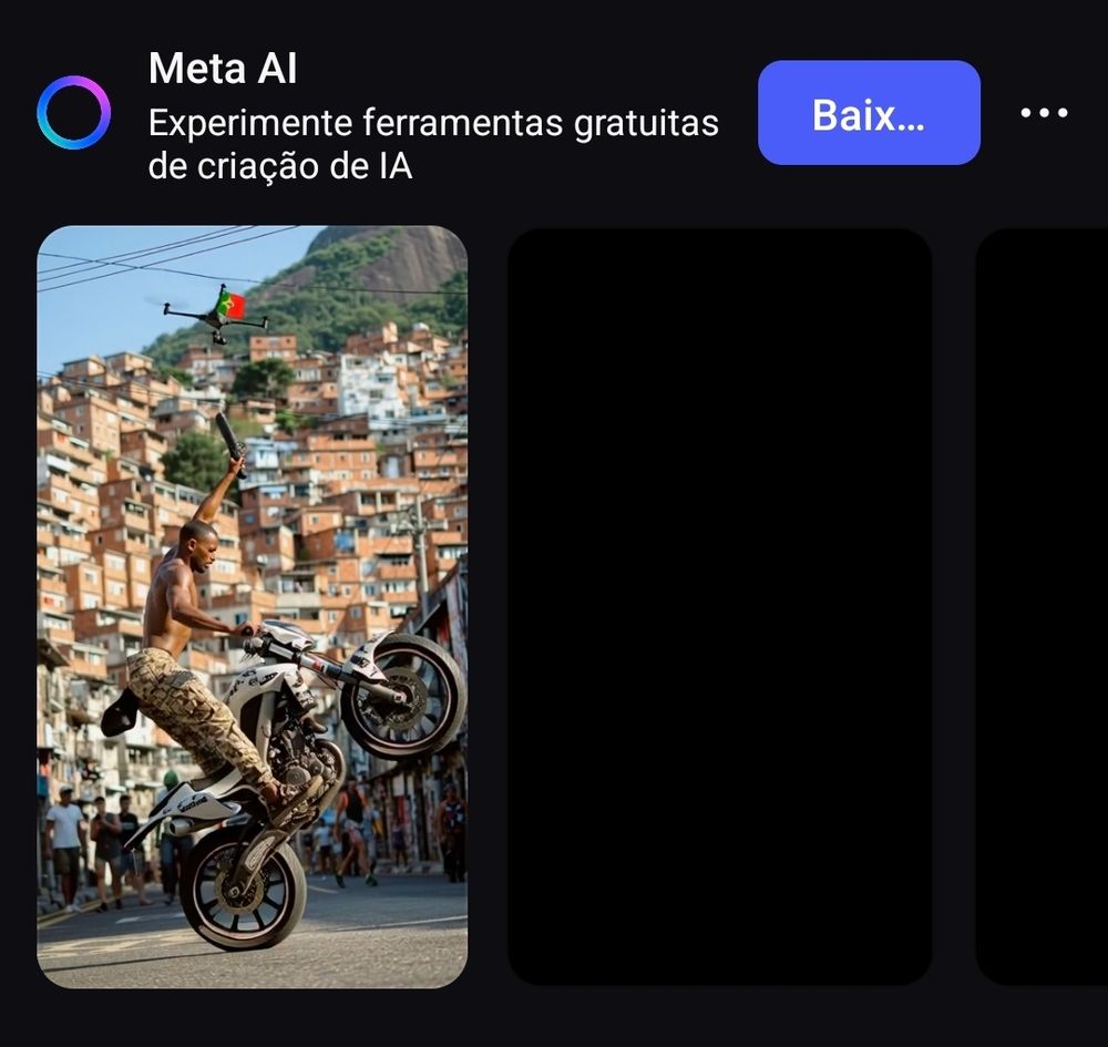 Imagem gerada por ia com homem negro empinando moto com arma na mão em favela que parece ser do rio por conta do corcovado no fundo e um drone com bandeira de Portugal.