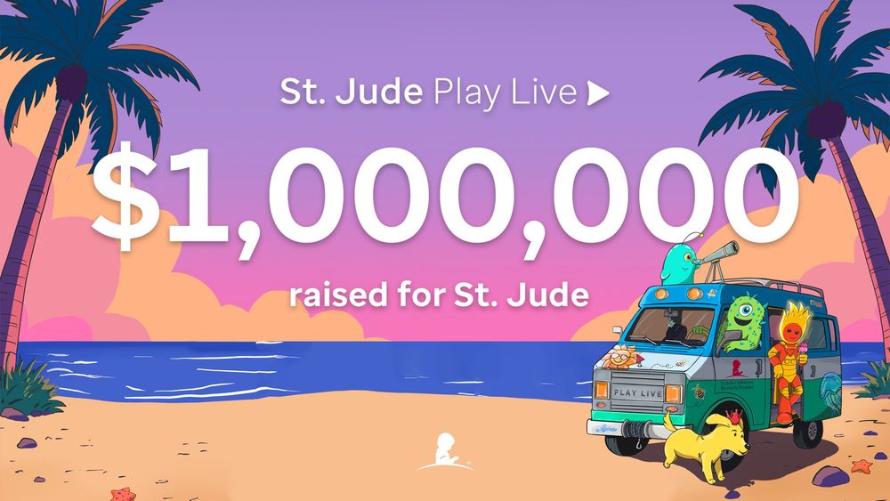 Beach graphic that says "St. Jude PLAY LIVE $1,000,000 raised for St. Jude"
