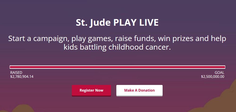 Beach themed graphic that says $2,780,904.14 raised for St. Jude PLAY LIVE