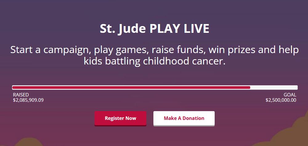 St. Jude PLAY LIVE amount raised $2,085,909.09 out of the $2.5M goal