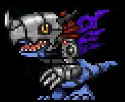 Metalgreymon from digimon. Specifically metalgreymon(virus), the OG metalgreymon. Difference between this and regular metalgreymon is color and this one being a virus digimon as oppose to regulars vaccine attribute. Metalgreymon(virus) is blue with yellow eyes. Some depictions give him stripes to parallel normal metalgreymon.