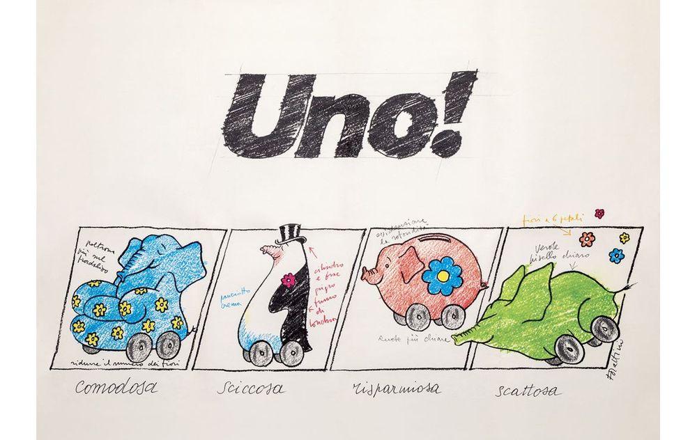 Bozzetti di Forattini per la pubblicità Fiat Uno del 1985 con gli elefantini: comoda, sciccosa, risparmiosa, scattosa